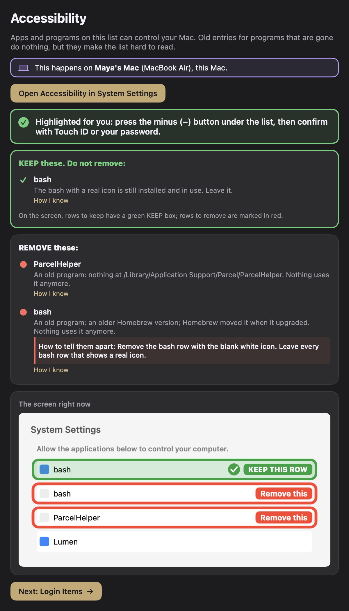 The Settings Valet Accessibility page in the dark theme, with the same Keep and Remove lists and the marked System Settings picture.