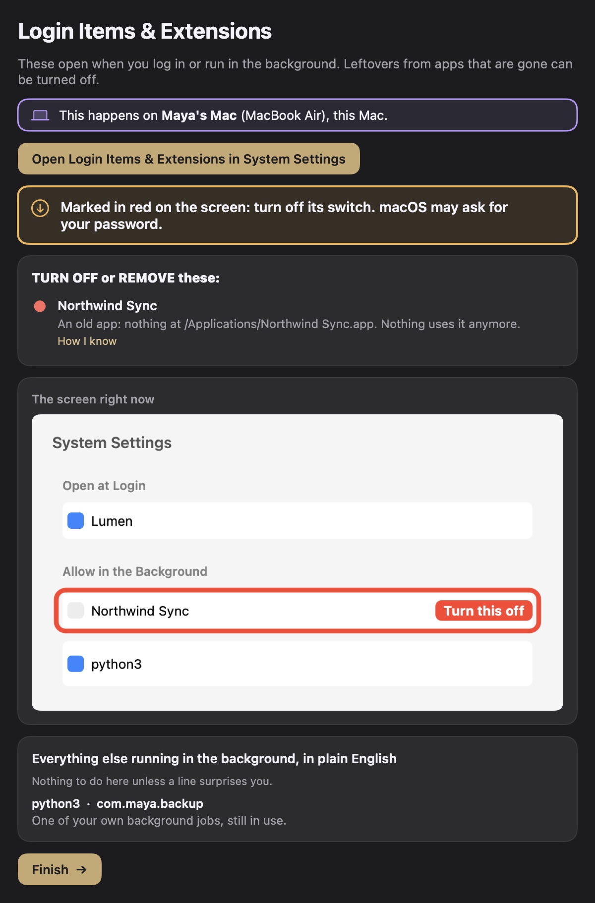 The Settings Valet Login Items page in the dark theme.