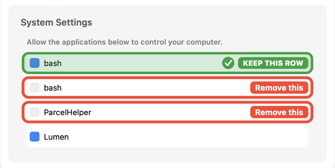 Close up of the System Settings Accessibility list as Settings Valet marks it: a green KEEP THIS ROW box on the installed bash, red Remove this boxes on the blank-icon bash and on ParcelHelper, and Lumen left unmarked.