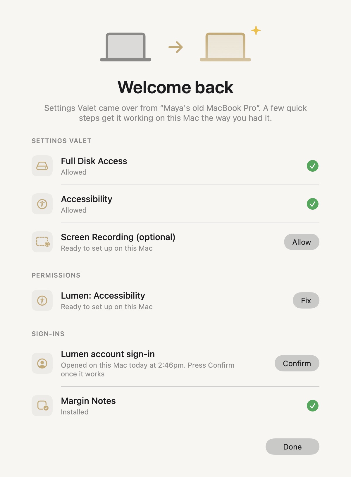 The Move-In page: Welcome back, Settings Valet came over from Maya's old MacBook Pro. Full Disk Access and Accessibility allowed, Screen Recording ready to allow, a Lumen permission with a Fix button, a Lumen sign-in waiting for Confirm, and Margin Notes installed.