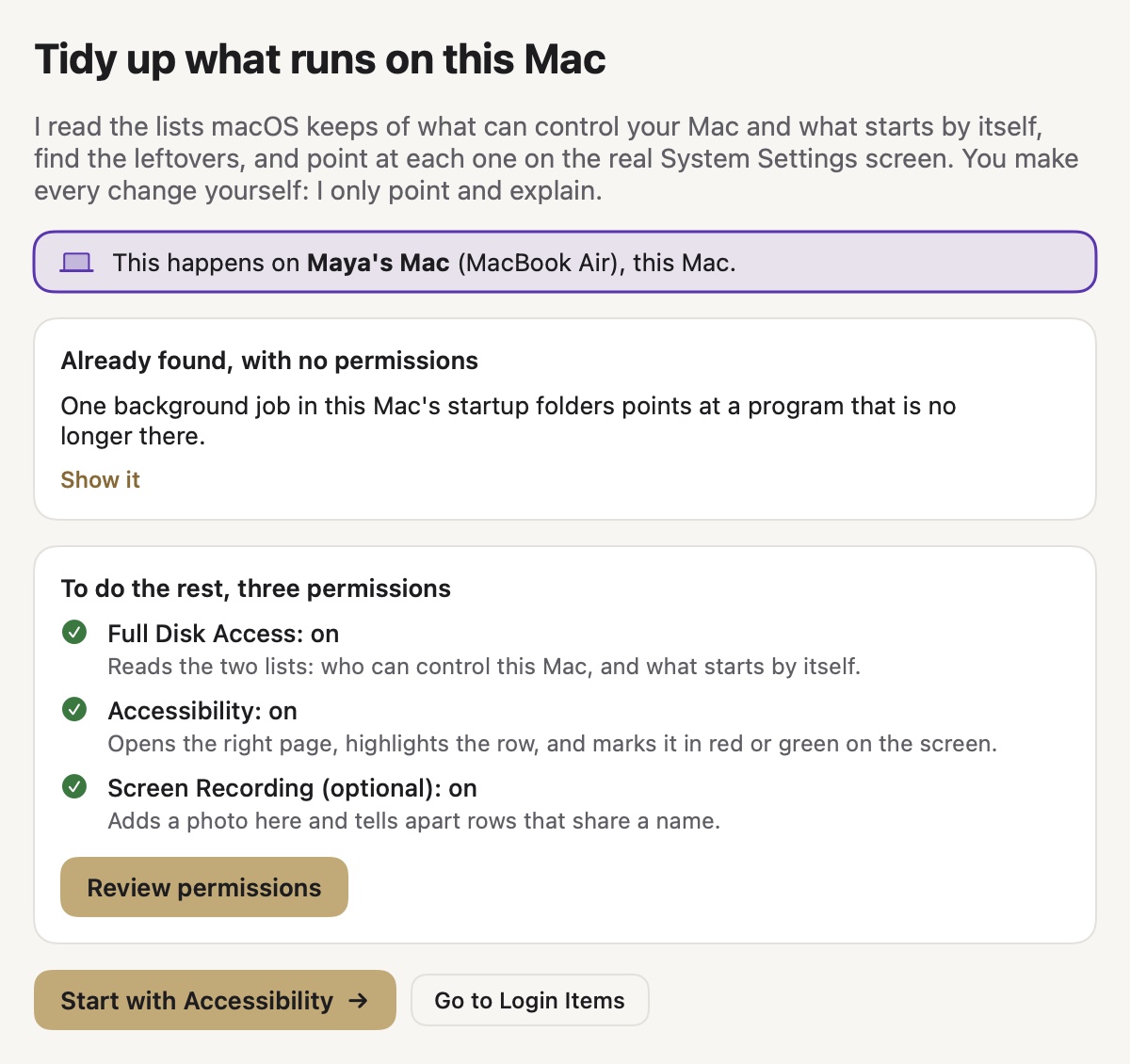 The Settings Valet start page: Tidy up what runs on this Mac, one background job already found, and the three permissions with what each one is for.